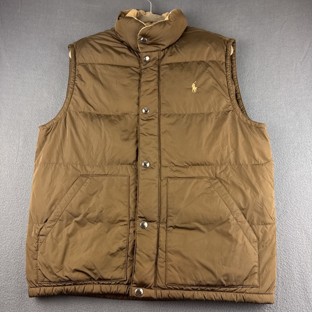Polo Ralph Lauren Vest Men's M Brown Down Puffer Quilted Full Zip Pony Logo